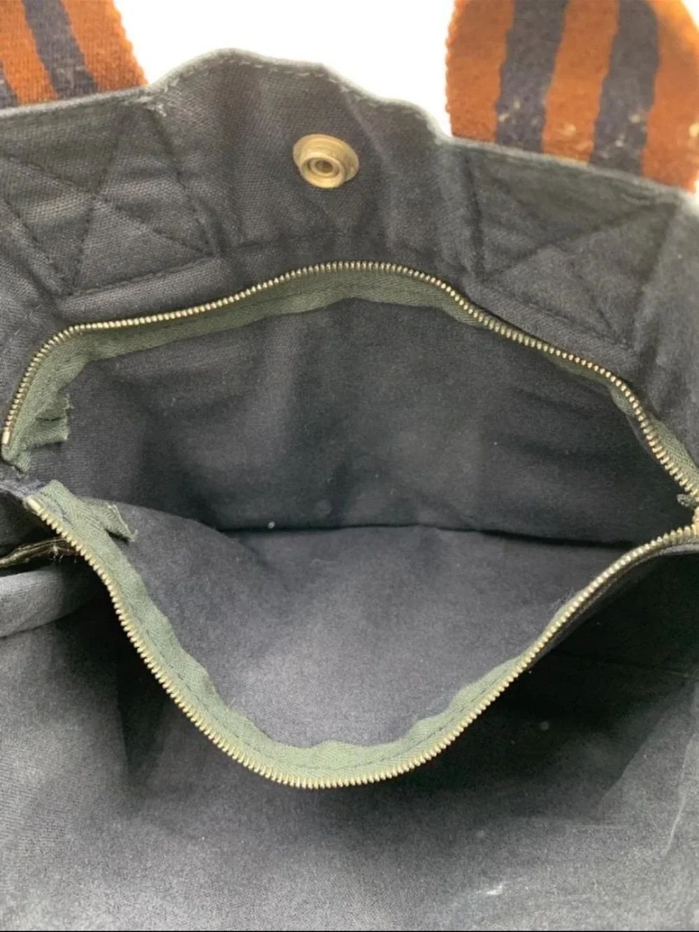 Hermes Navy Canvas Tote with Brown Striped Handles